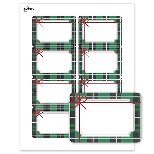 Avery Printable Christmas Adhesive Name Badges, Rectangle, 2-1/3" x 3-3/8", Pre-Printed Green & Metallic Silver Plaid with Red Bow Design, Matte White, Laser & Inkjet Compatible, 80 Total
