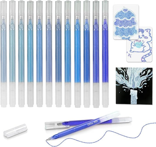 12 Blue Glitter Gel Pens Set, 1.0 mm Fine Point for Black Paper & White Paper, Large Capacity Pens for Journaling, Adult Coloring Books, Drawing, Note Taking, Highlighting