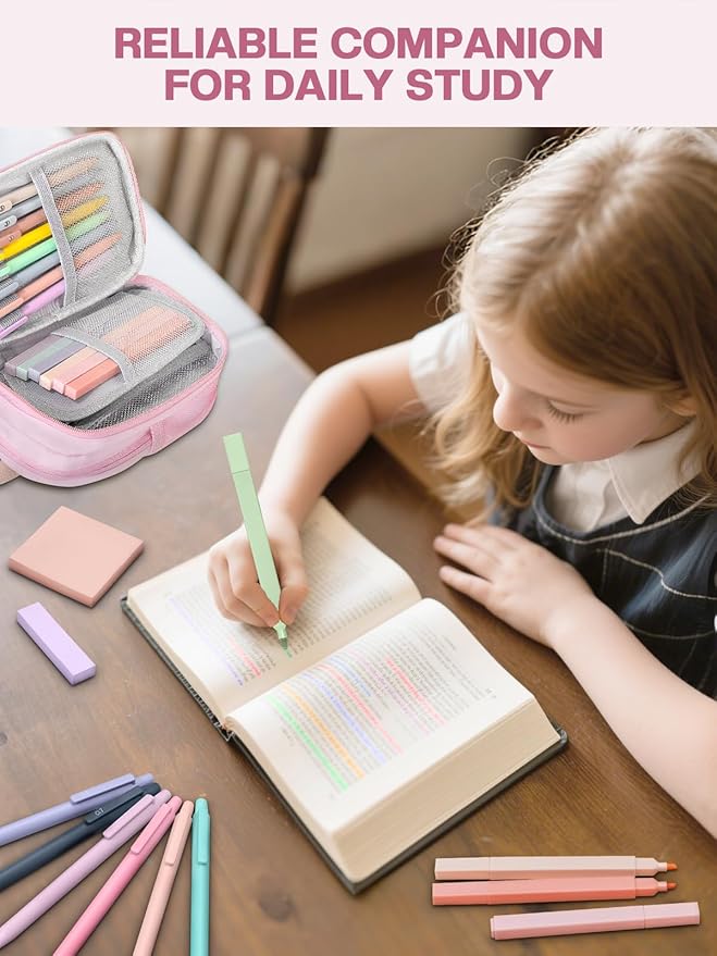 51 PCS Aesthetic School Supplies with Cute Pencil Case, 12 Pastel Highlighters, 8 Quick Dry Retractable Black Ink Pens, 6 Pastel Mechanical Pencil Student Stationary Bible Study Supplies (Pink)