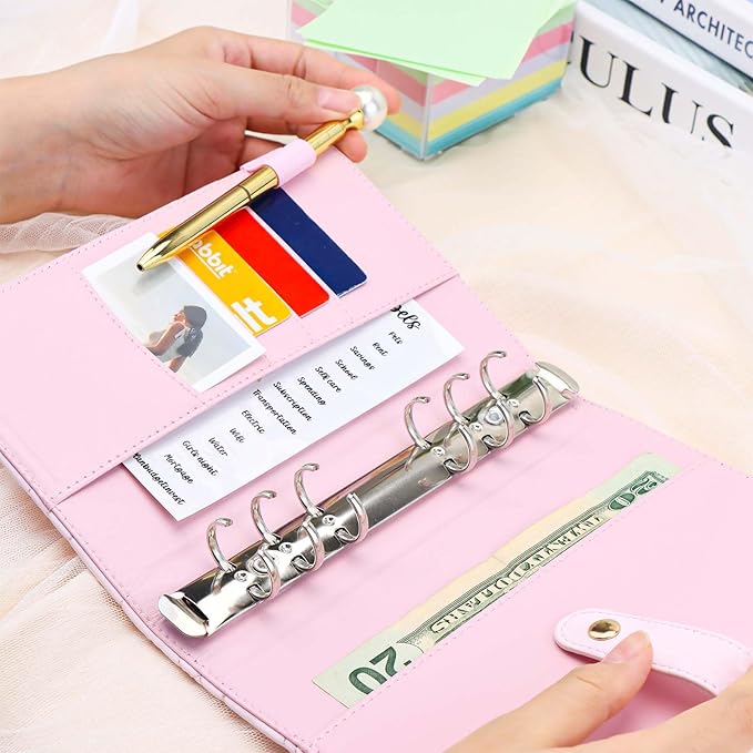 A6 Budget Binder Soft Faux Leather Binders Cover Refillable 6 Rings Loose Leaf Binding Cover for Planner Traveller Journal Accessories Supplies (Snap Pink A6)