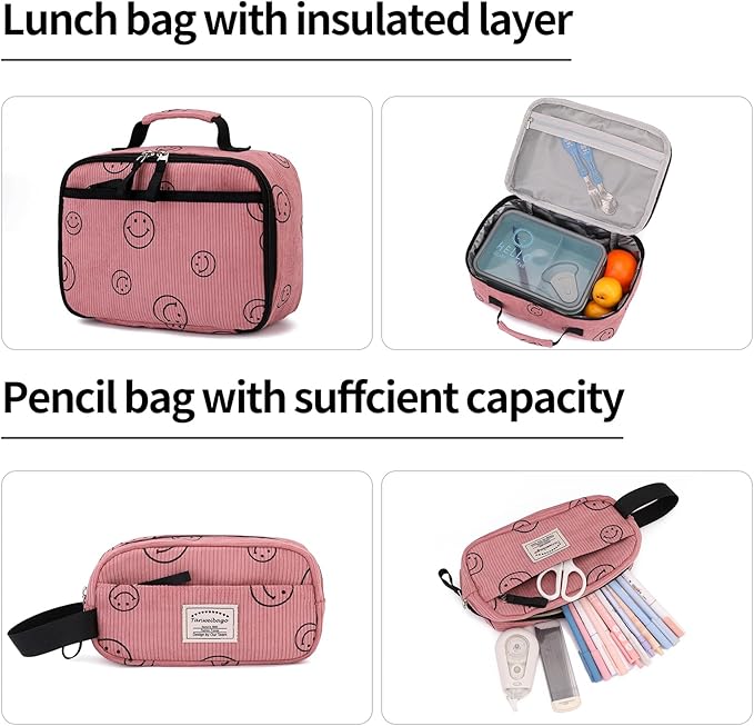 Backpack for Girls Boy Teen Corduroy Bookbags Elementary Middle High School Women Laptop Bag with Lunch Box Pencil Bag (Smile Pink)