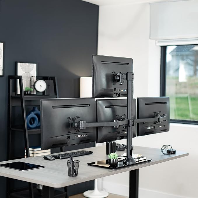 VIVO Black Steel Quad Freestanding LED LCD Computer Monitor, Heavy Duty 3 plus 1 Fully Adjustable Stand with Base, Holds 4 Screens up to 24 inches, STAND-V004TG