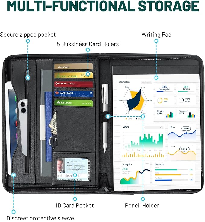 Portfolio Business for Men 10" x 13.5" Padfolio Folder with Zipper, Faux Leather Portfolio for Resume, Documents, Phone, Tablet, Business Supplies and Cards Notebook Organizer with 8.3" x 11.5"Notepad