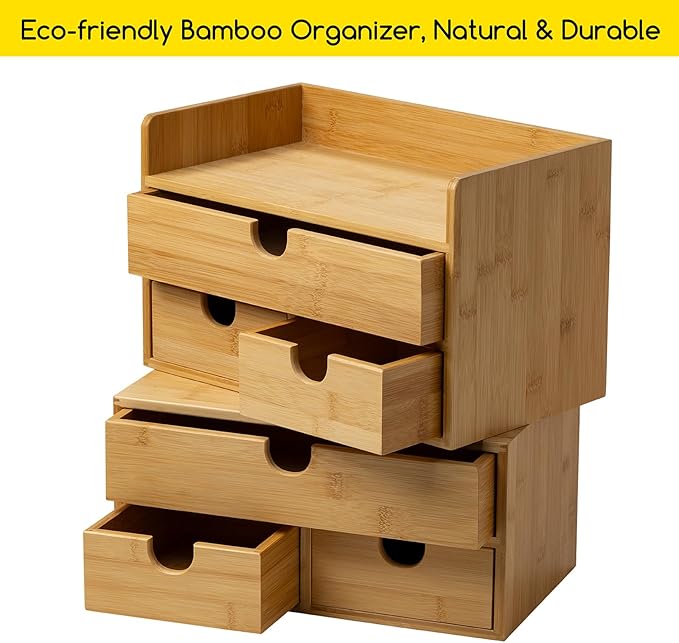 MEEDEN Bamboo Desk Organizer with Drawers: Desktop Storage Container with Shelf - Tabletop Storage Organization Box for Office Home Toiletries Supplies