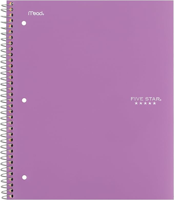 Five Star Spiral Notebook + Study App, 3 Subject, Wide Ruled Paper, 8" x 10-1/2", 150 Sheets, Fights Ink Bleed, Water Resistant Cover, Amethyst Purple (38737)