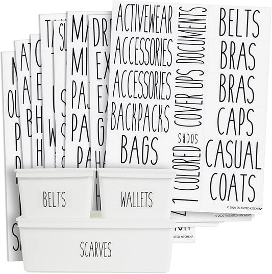 Talented Kitchen Clothing Bin Labels - Water-Resistant Closet Organizer Labels - Preprinted All-Caps Clothing Storage Tags - Organized Closet Storage - 133 Pack, 1.75 x 1.5-3.25 in, White Vinyl