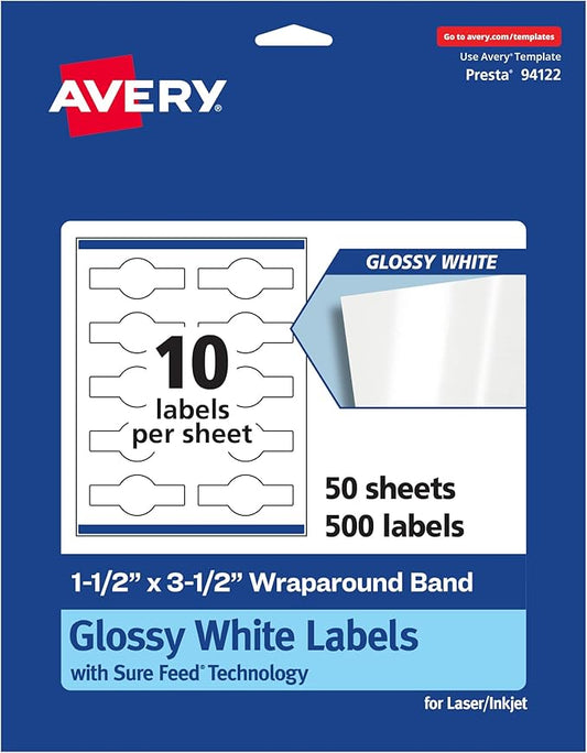 Avery Glossy White Wraparound Band Labels, Sure Feed Technology, 1.5" x 3.5", Cigar Band Labels, 500 Total, Print-to-The-Edge, Permanent Adhesive, Laser/Inkjet Printable