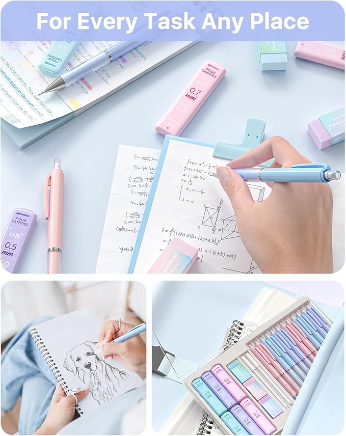 Four Candies Mechanical Pencil Set - 0.5 mm & 0.7 mm, 12PCS Cute Pencils Mechanical with 720PCS (HB & 2B) Lead Refills & 21PCS Erasers & 1PCS Storage Case, Pastel Aesthetic Lead Pencils for School