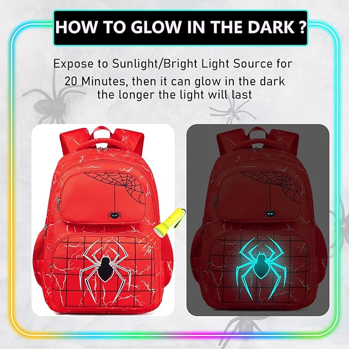 Boys Backpack with Lunch Box Glow in Dark Bookbag Kids Ages 4-12 Kindergarten Elementary School Spider Backpack, Luminous Spider Red
