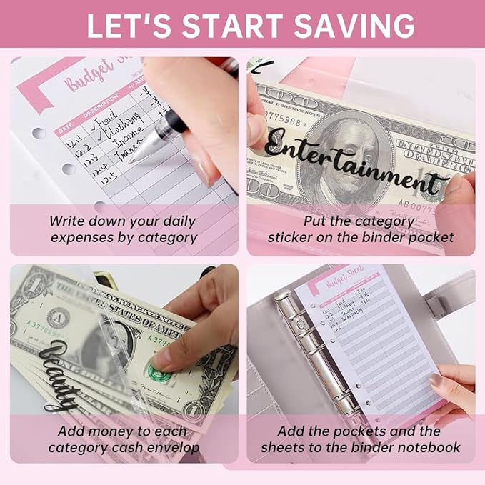 Budget Binder, Cute A6 Money Saving Binder with Zipper Envelopes, PU Leather Money Organizer for Cash, Expense Budget Sheets and Cash Envelopes for Budgeting Cute Colorful Plaid