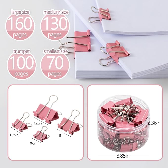 Binder Clip Paper Clamps, Assorted Sizes (Mini, Small, Medium, Large), 100 Pcs Clips for Office School Supplies (Pink)