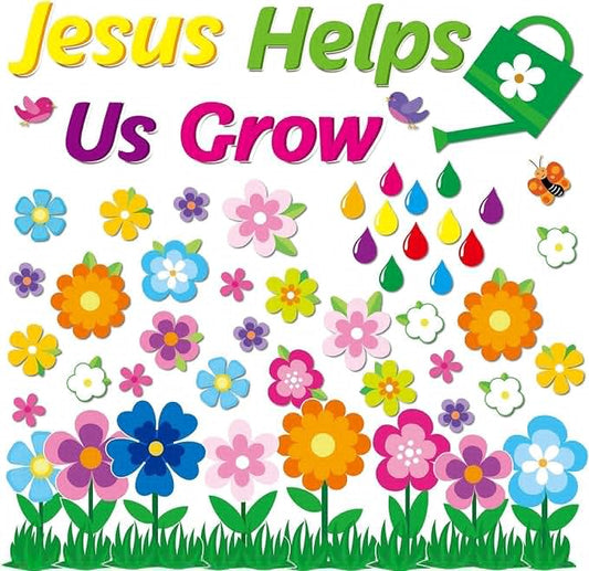 Spring Bulletin Board Decoration Set Jesus Borders Cutouts Religious Bulletin Board Sets for VBS 2025 Sunday School Bible Classroom Door Christian Welcome Craft Home Wall (Jesus Helps Us Grow)