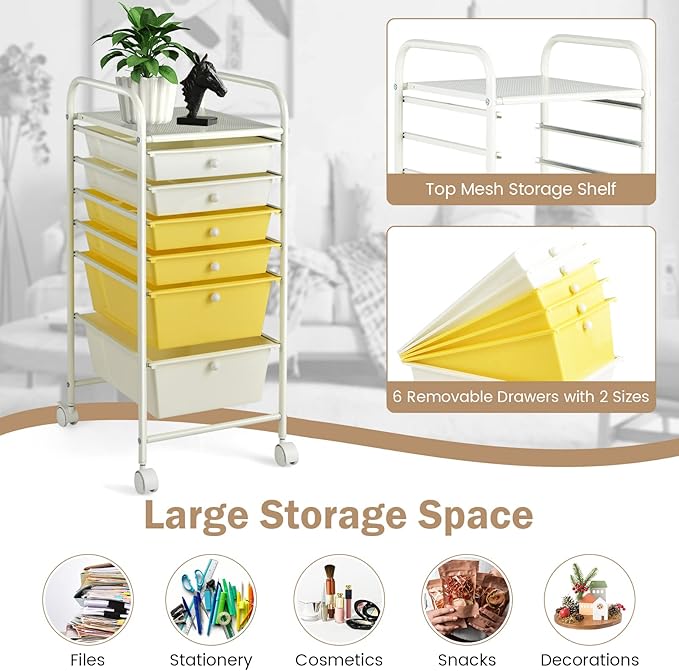 COSTWAY 6-Drawer Rolling Storage Cart, Multifunctional Art Craft Tools Organizer on Wheels, Heavy Duty Utility Mobile Storage Trolley w/ 2 Lockable Wheels for Home Office School (Yellow, Beige & Grey)