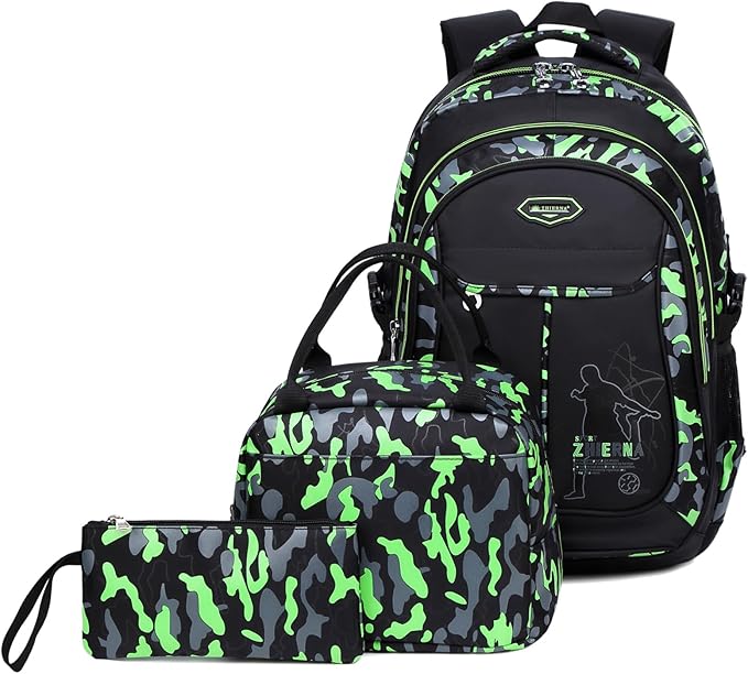 goldwheat School Backpack for Boys Cool Camouflage Bookbags with Lunch Box Pencil Case 3pcs for Middle School, Green
