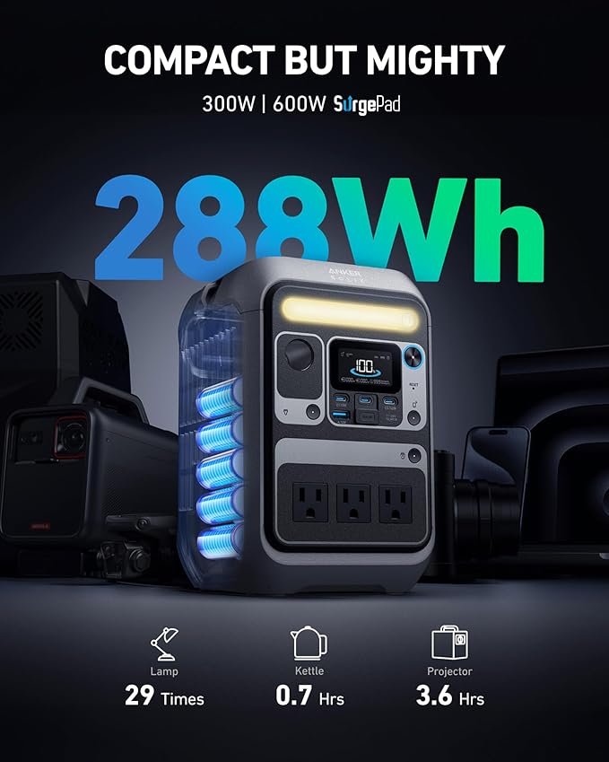 Anker Solar Generator SOLIX C300 with 60W Solar Panel, 288Wh Portable Power Station, 300W (600W Surge), LiFePO4 Battery, 140W Two-Way Fast Charging, for Outdoor Camping, Traveling, and Emergencies