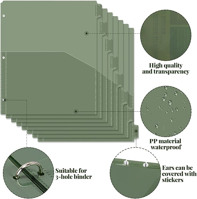 Koqye Binder Dividers with Pockets - 8 Plastic Dividers for 3 Ring Binders - A4 Bividers with Tabs for Planners (Dark Green - 1 Pack)