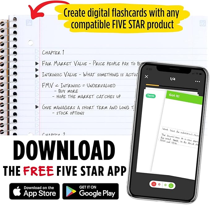 Five Star Spiral Notebooks + Study App, 2 Pack, 1 Subject, College Ruled Paper, 11" x 8-1/2", 100 Sheets, Black, White (38454)