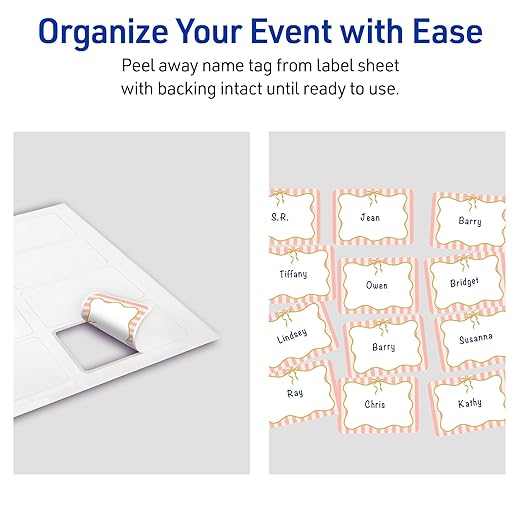 Avery Printable Adhesive Name Badges, 2-1/3" x 3-3/8", Pre-Printed Pink Stripes with Metallic Gold Bow Design, Matte White, Laser & Inkjet Compatible, 80 Total