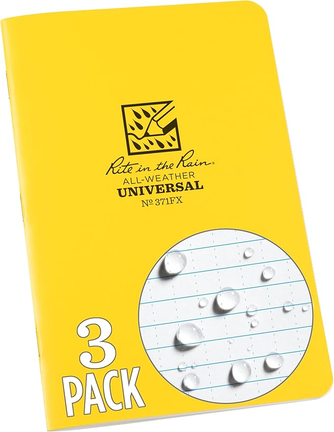 Rite in the Rain Weatherproof Stapled Notebook, 4.625" x 7", Yellow Cover, Universal Pattern, 3 Pack (No. 371FX)