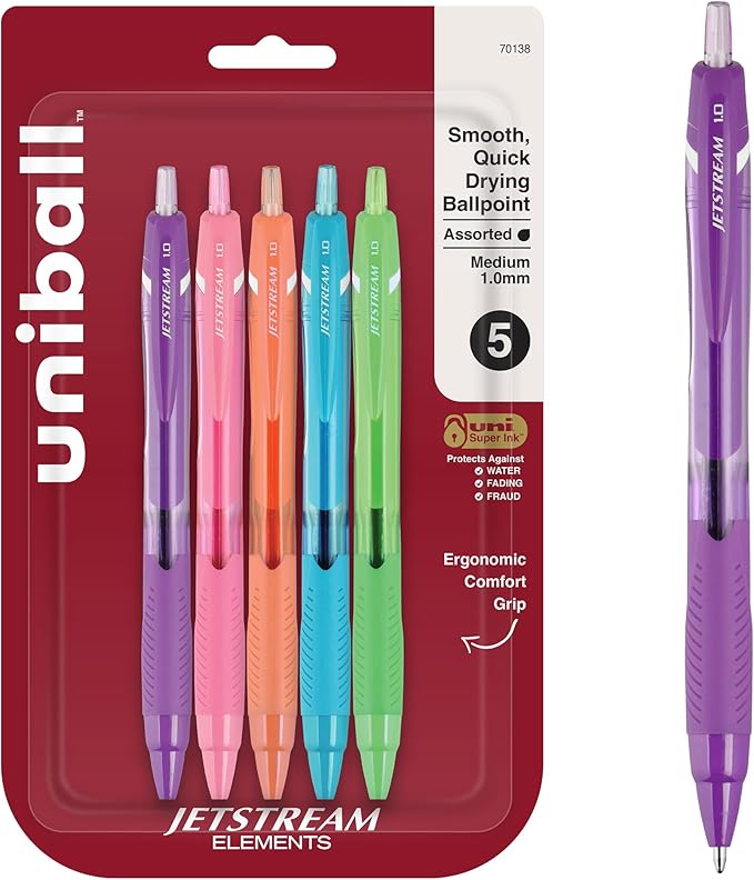 uni-ball Jetstream Elements Ballpoint Pens Medium Point,1.0mm, Assorted, 5 Pack