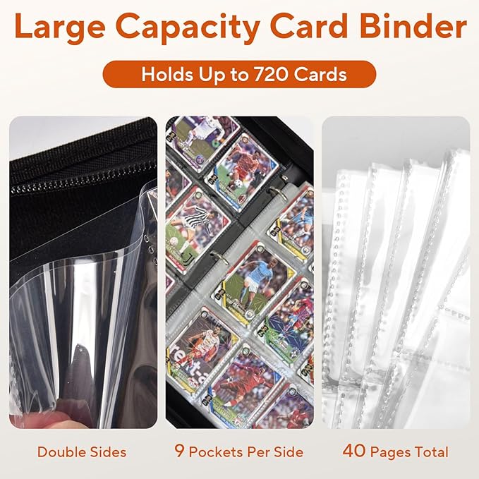 Baseball Card Binder 9 Pocket, 720 Pockets Trading Card Binder with Zipper, Portable Collector Card Album Storage Organizer for Sports Cards, Game Cards, Gifts for Kids