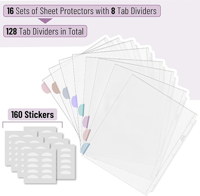 Mr. Pen- Clear Sheet Protectors with Tabs, 8 Tabs, 16 Sets, Clear Plastic Dividers for 3 Ring Binder, Insertable Index Page Divider Multicolor Tabs