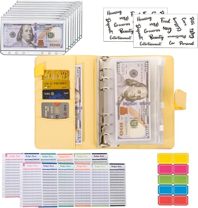 NICOOTHBudget Binder Cash Envelopes A6 Money Saving Binder with Zipper envelopes (Yellow)
