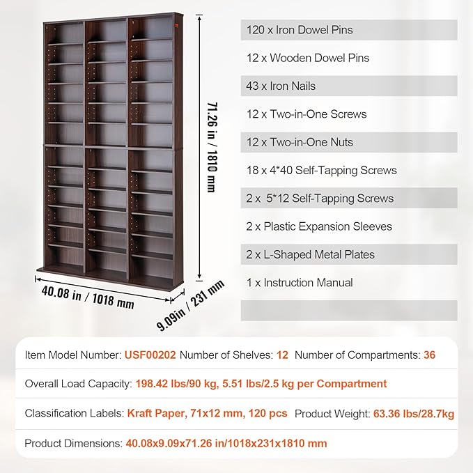 VEVOR Media Storage Cabinet, Adjustable DVD Cabinet, CD Storage, Protects & Organizes Music, Movie, Video Games or Memorabilia Collections-Espresso