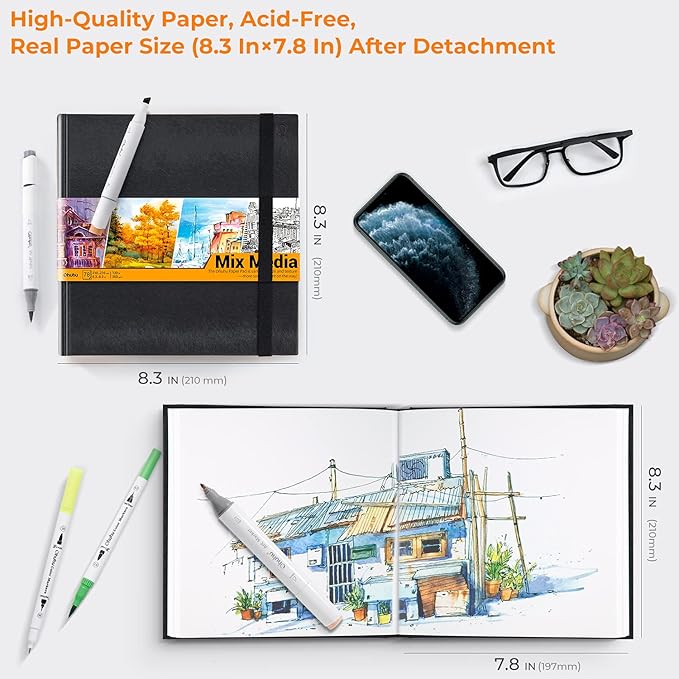 Ohuhu Mix Media Pad - 8.3"x8.3" Mixed Media Art Sketchbook, 120 lb/200 gsm Heavyweight Papers, 78 Sheets/156 Pages, PU Hardcover Mixed Media Paper Pad for Acrylic Painting Christmas Gift