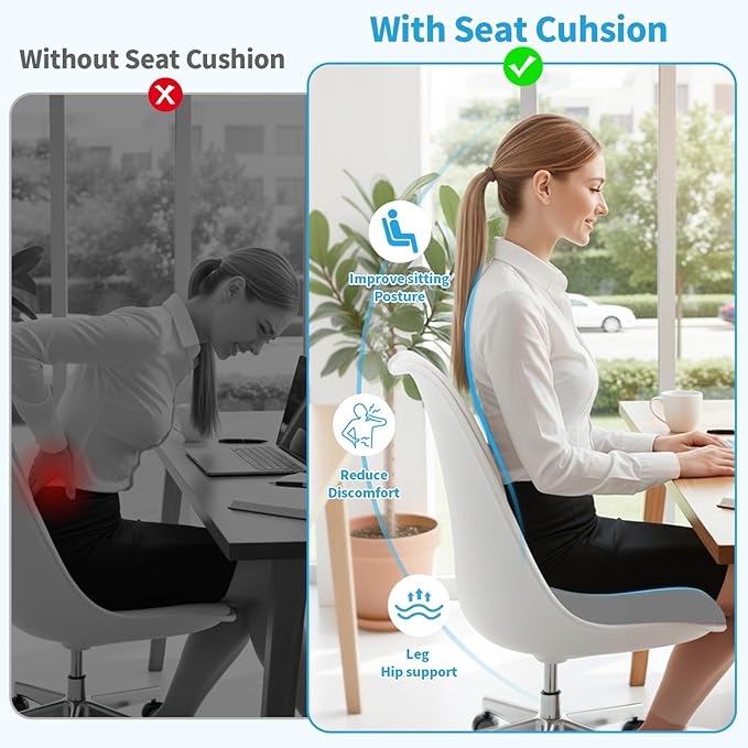 XLarge Seat Cushion, Memory Foam Cushion for Long Sitting Hours on Office Chair, Home & Car, Non-Slip Chair Pad for Relieving Back & Sciatica & Hip & Coccyx Pain (Light Grey)