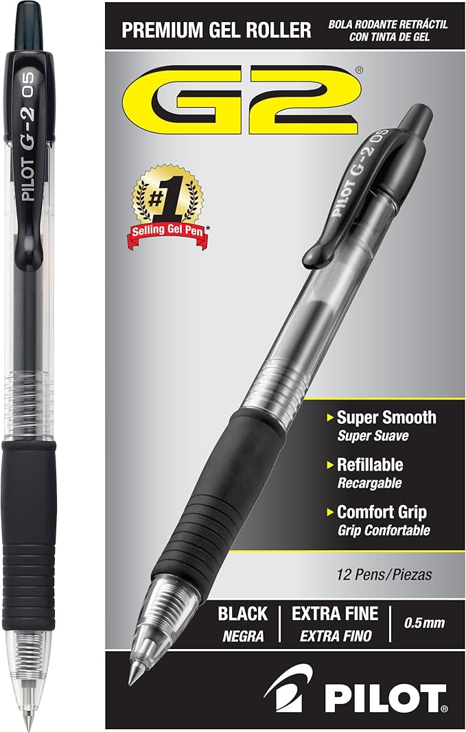 PILOT G2 Premium Gel Roller Pens,Extra Fine Point 0.5 mm,Gel Pens Black Ink,- Ideal for School,Journaling & Office Writing,12 Count (Pack of 2)
