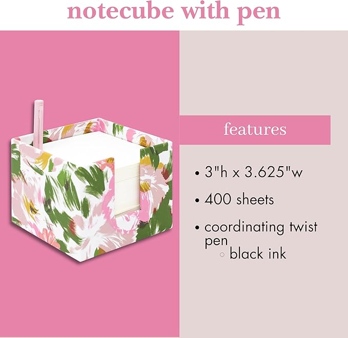 kate spade new york Note Cube with 400 Blank Sheets and Black Ink Pen, Cute Paper Holder for Desk (Hidden Garden)