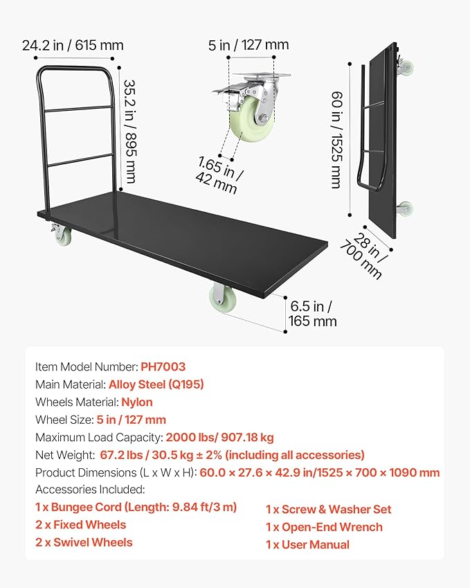 VEVOR 2000 LBS Heavy Duty Platform Truck, Upgraded Version with Larger Deck (60" x 28"), Industrial Steel Flatbed Cart with Swivel Wheels, Push Cart Dolly for Warehouse/Garage/Moving/Garden