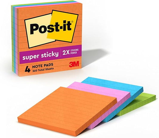 Post-it Super Sticky Lined Notes, 4 Sticky Note Pads, 4 x 4 in., Ideal for Organization in Your Dorm, Home or Office, Energy Boost Collection