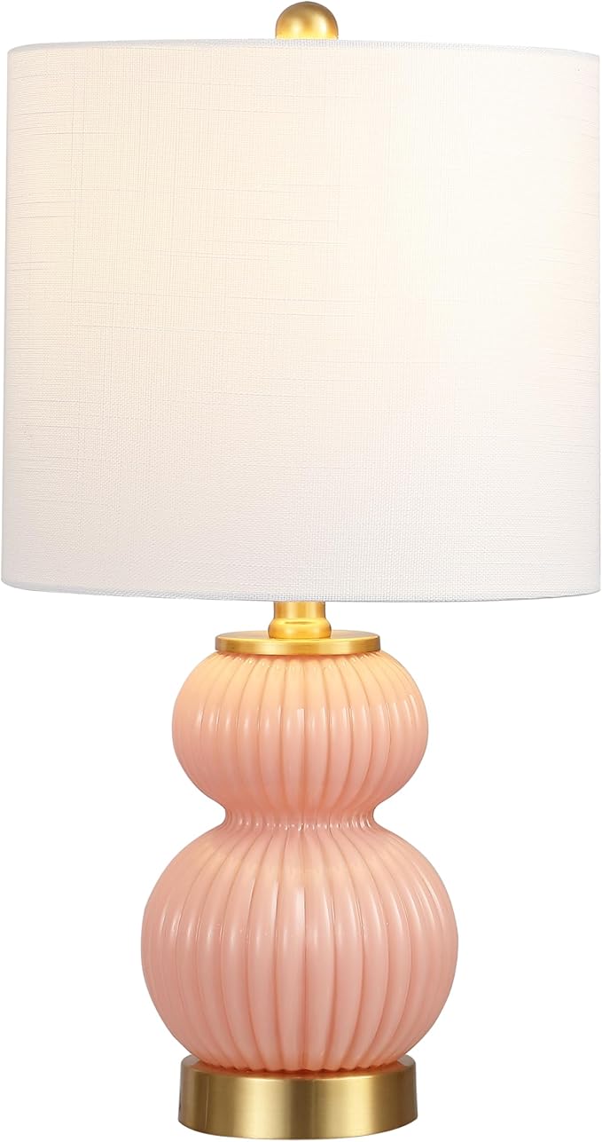 JONATHAN Y 20" Pink/Brass Gold Ribbed Gourd Glass Table Lamp, Modern Bedside Lamp for Bedroom Living Room, White Linen Drum Shade, LED Bulb Included (JYL1099B)