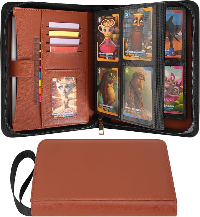 Wonderpool Card Binder A5 Album Zippered 4-Pocket Trading for 240 Cards - Leather PU Card Holder Collection Storage Folder, Side-Loading for Photo Pokemon, MTG, TCG, Yugioh, Sports Cards (Brown)