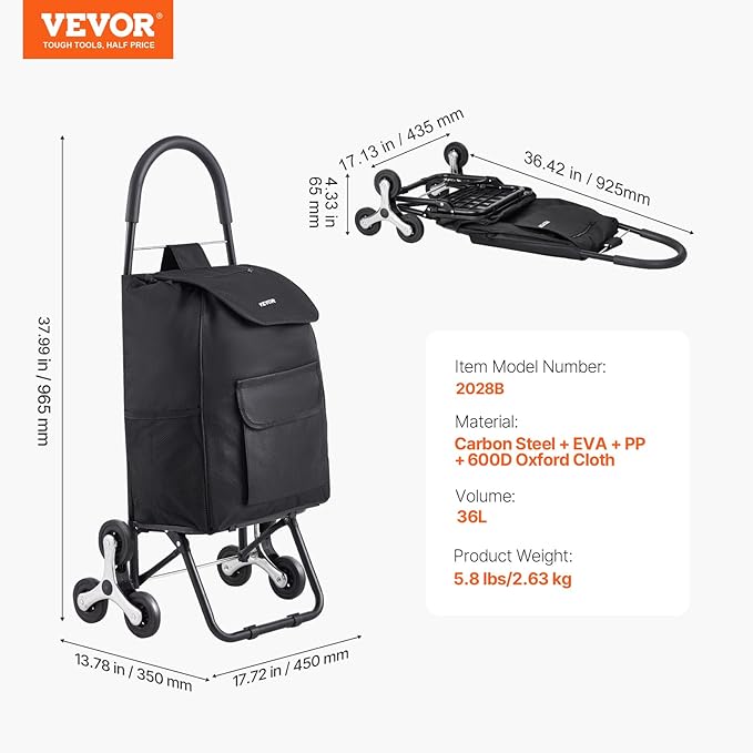 VEVOR Stair Climber Cart, 36L Capacity, Grocery Cart Laundry Stair Climbing Handcart with 6 Wheels & Oxford Cloth Bag, Foldable Stair Climber Hand Truck for Grocery Laundry, Black