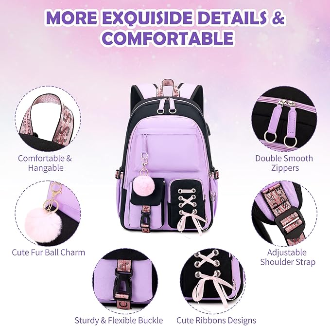 Backpacks for Girls, Girls Backpack with Lunch Box and Pencil Case for Teen Kids Elementary Middle High School College Student, Children School Backpack Bookbag with USB Charging Port (Purple)