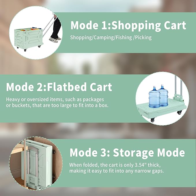 VECELO Foldable Shopping Cart with Wheels, Collapsible Rolling Crate for Groceries, Folding Storage Box with Handle, Three Modes of Use, Ideal for Teacher, Trip, Outdoors, Etc., 23GAL, Green