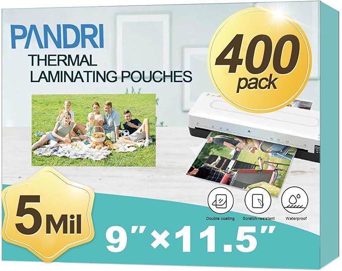 Laminating Sheets, PANDRI 400 Pack Thermal Laminator Pouches Holds 8.5 x 11 Inch, 5 Mil Clear Laminator Paper 9 x 11.5 Inch, Letter Size