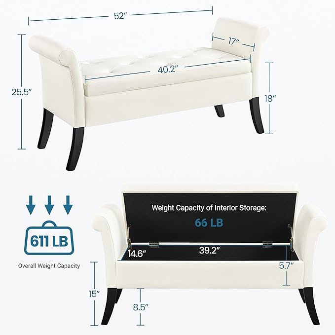 Yaheetech Ottoman with Storage, 52" Storage Ottoman Bench with Safety Hinge, Upholstered Bench with Seating for Bedroom, Living Room, Holds up to 661 lb, Fresh White
