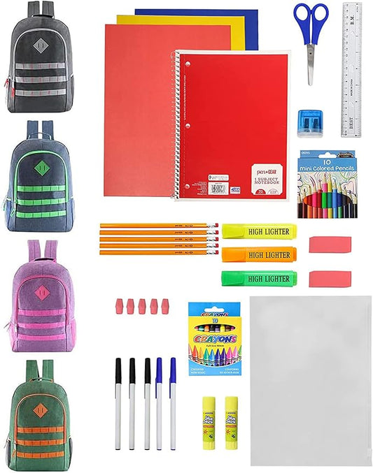 6-Pack 19” Sport Backpacks with 52 Piece School Supplies Kits - Pens, Pencils, Crayons – Bulk Bundle for Elementary, Middle, and High School Students, 6 Assorted Styles