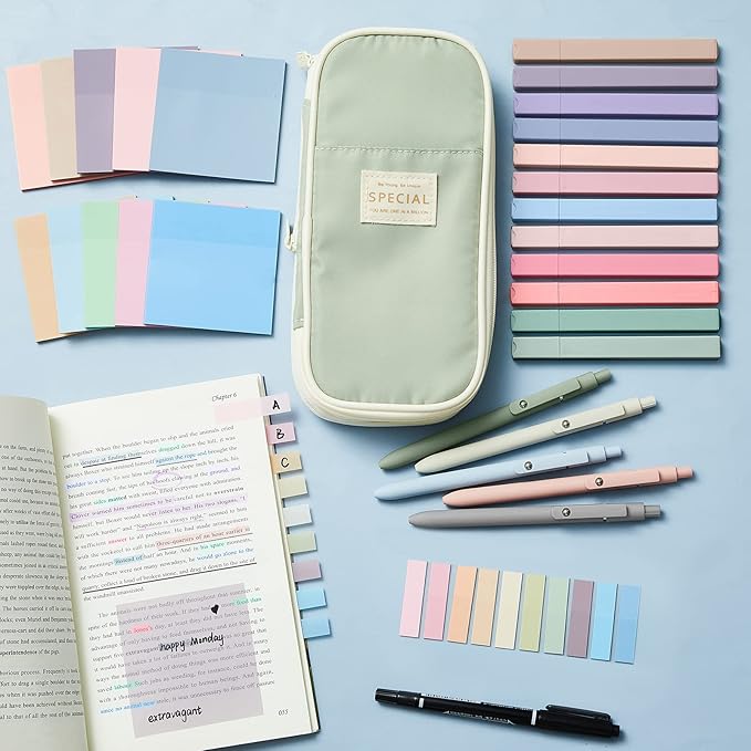 Jutom 39 Pcs Aesthetic Book Annotation Kit Highlighter with Pencil Case Bag Gel Pen Transparent Sticky Note Taking Bible Study College School Supplies (Green,Cute Style)