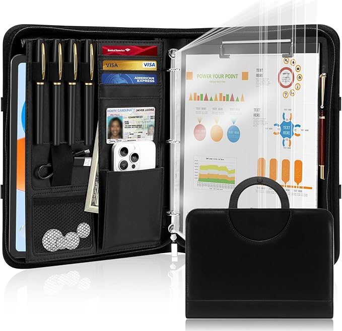 IVGHV Portfolio Binder Organizer Portfolio Folder for Men Faux Leather Padfolio for Women - 3 Ring Binder with Handle & Clipboard, A4 Size Business Padfolio Folder for Resume Conference (Black)