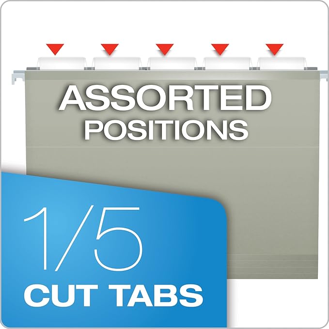 Pendaflex Reinforced Hanging File Folders, Letter Size, Gray, 1/5 Cut, 25/BX (4152 1/5 GRA)