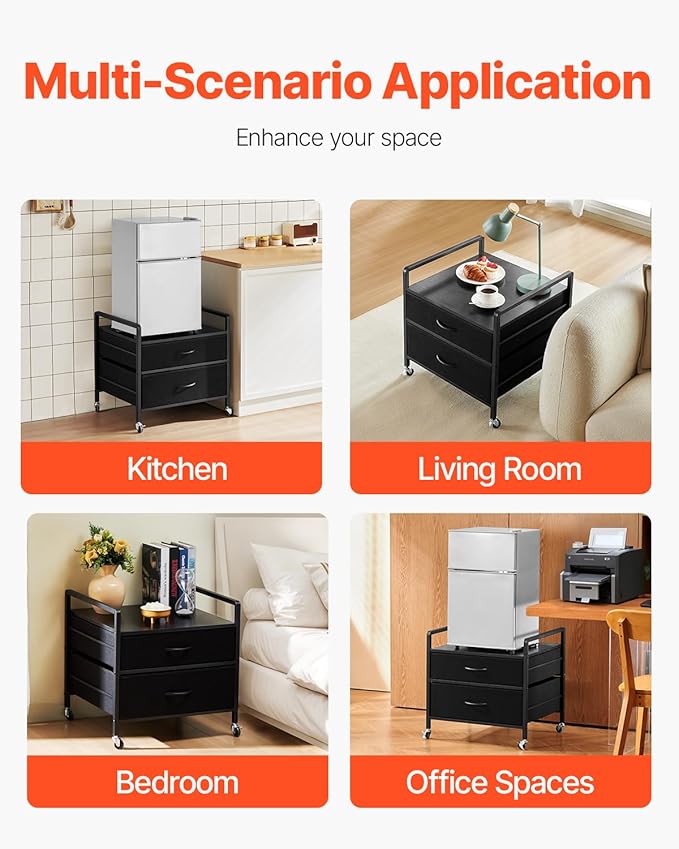 VEVOR Mini Fridge Stand with Storage, 176 lb-Capacity Mini Fridge Table with 2 Drawers & 4 Swivel Wheels, Mobile Mini Fridge Shelf, Black Mini Fridge Organizer for Dorm, Apartment, Office, Bedroom