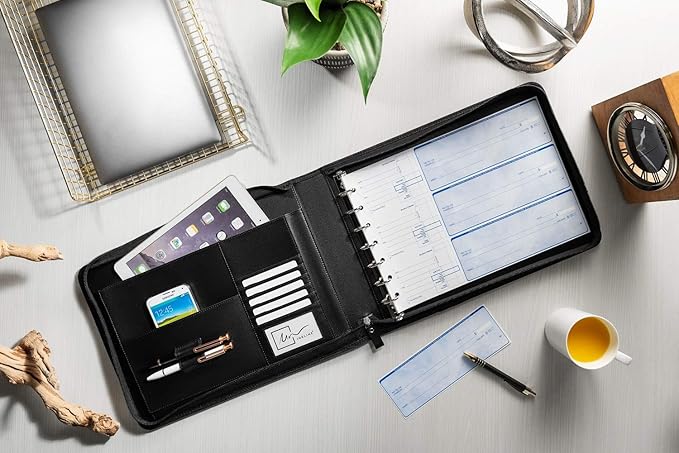 Inkline 7 Ring Check Binder Portfolio -Professional PU Leather Binder with Zippered Closure -500 Check Capacity -9x13 Inch Sheets -Document & Card Organizer -Large Tablet Pocket - Brown (80006)