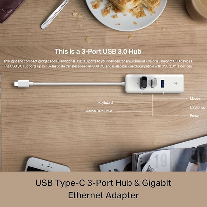 TP-Link UE330C USB-C 3.0 to Ethernet Adapter | Portable 3-Port USB-A 3.0 Hub w/ 1 Gigabit RJ45 Ethernet Port | Laptop Network Adapter | Plug & Play | Supports Win 7/8/8.1/10/11, Mac OS X (10.9-10.15)