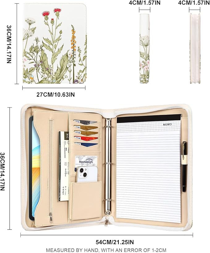 Leathario Portfolio Binder, Includes 5 Folder Index Dividers and 3 Notepads, 3-Ring Folder Organizer, Padfolio with Zipper, Vegan Leather Tablet Sleeve, Business Office Conference Clipboards