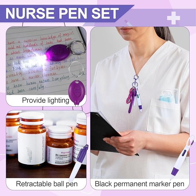 6 Pcs Nurse Pens for Badge Set,Nurse Badge Accessories with Reel Pen,Nursing Accessories Healthcare with Pens,Highlighter and Permanent Marker Pen and Led Keychain Foldable Scissors